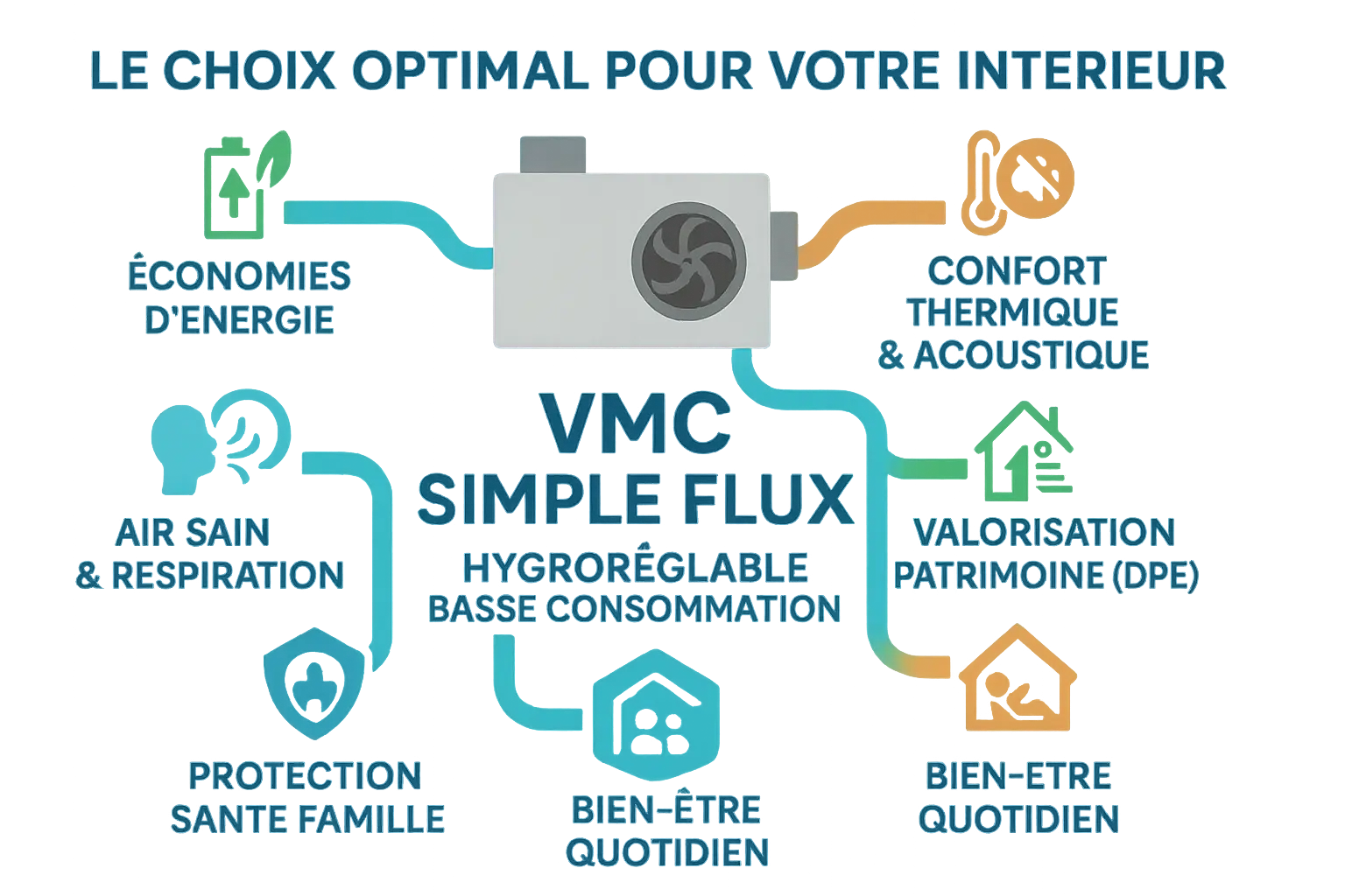 Illustration d'une VMC simple flux hygroréglable en fonctionnement