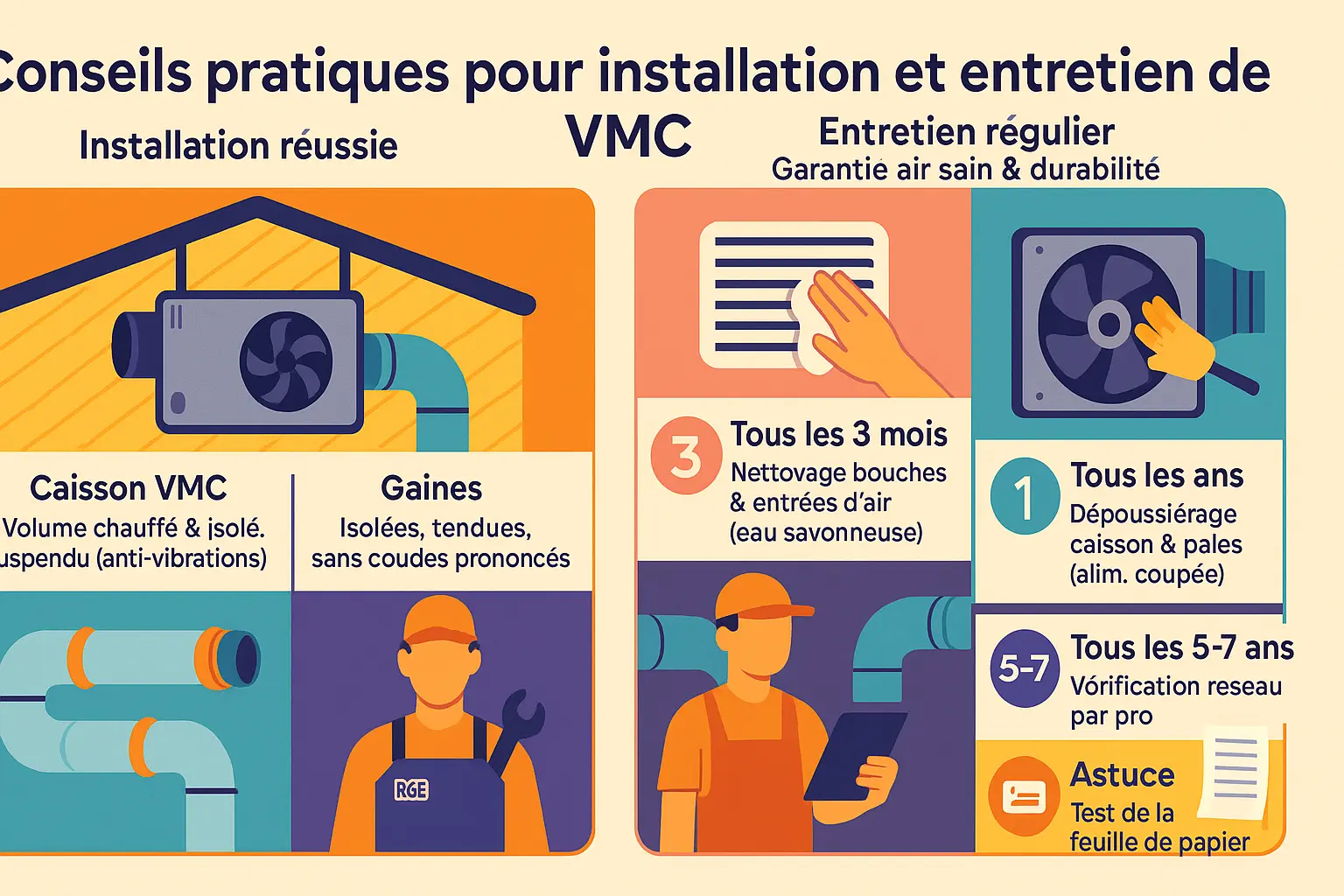<strong>Schéma d&rsquo;installation d&rsquo;une VMC simple flux</strong>« ></p>
<p>Pour une mise en œuvre optimale, <strong>faites appel à un artisan certifié RGE</strong>. Ce professionnel garantit une installation conforme aux normes et vous donne accès aux aides de l&rsquo;État. Un montage non qualifié pourrait réduire la durée de vie du système et compromettre son efficacité énergétique.</p>
<h3>L&rsquo;entretien régulier, un geste simple et essentiel</h3>
<p>Un entretien rigoureux <strong>préserve la qualité de l&rsquo;air</strong> et prolonge la durée de vie de votre VMC. Voici les étapes à suivre :</p>
<ul>
<li><strong>Tous les 3 mois</strong> : Nettoyez les bouches d&rsquo;extraction et les entrées d&rsquo;air à l’eau savonneuse. Un entretien régulier évite l’accumulation de <a href=